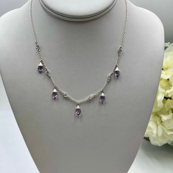 Signed L J Sterling Silver Amethyst Briolette Drop Necklace February Birthstone - Picture 2 of 13